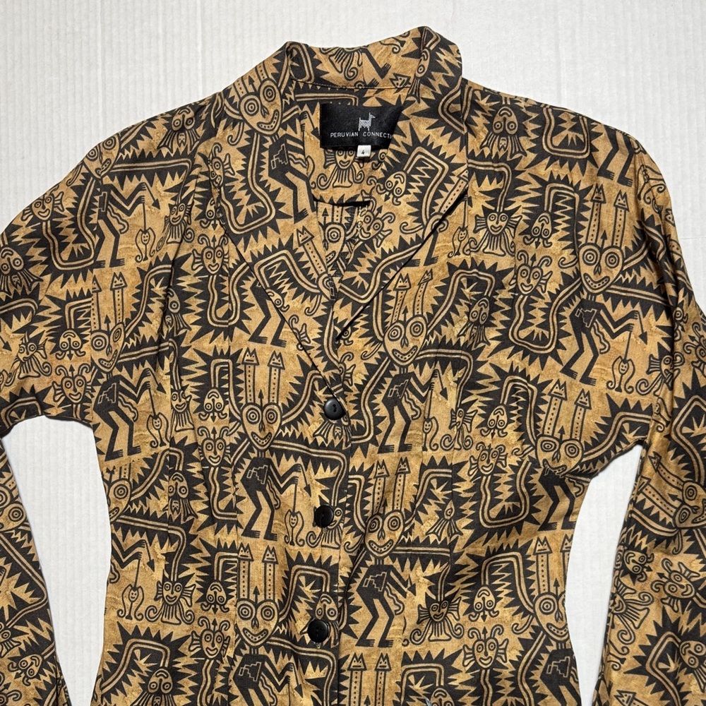 PERUVIAN CONNECTION Aztec Tribal‎ Tiki Black Tan Patterned Maxi Dress Cotton 4